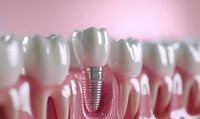 Dental implant with crown in jaw model showing detailed structure and placement among natural teeth on pink background for dental education and patient consultation.