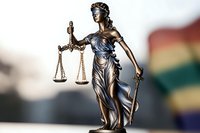 Bronze statue of Lady Justice holding scales and sword against blurred background, classical Themis sculpture symbolizing law, justice and legal system.