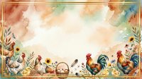 Watercolor farm scene with roosters, hens, basket, flowers and foliage on cream background. Rustic countryside illustration for farmhouse decor, kitchen design, greeting cards and agricultural projects.