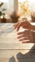 Gentle hands positioned in protective gesture on wooden surface with warm sunlight streaming through window creating peaceful atmosphere for wellness concepts.