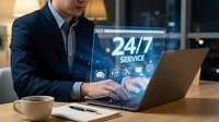 Businessman working on laptop with glowing 24/7 service hologram, representing round-the-clock customer support and online assistance.