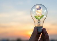 Hand holding glowing light bulb with green plant and solar panel inside against sunset sky representing renewable energy innovation and sustainability.