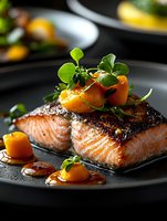 Grilled salmon fillet with crispy skin topped with fresh microgreens and butternut squash cubes in caramel sauce served on black plate, fine dining presentation.