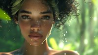 Young African American woman with natural curly hair in magical forest setting with glowing particles and soft green bokeh lighting creating ethereal atmosphere.