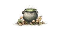 Mystical cauldron with green bubbling potion surrounded by autumn mushrooms and fallen leaves, watercolor style illustration on white background.