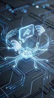 Futuristic holographic data transfer visualization with glowing blue circuit board and wireless connectivity symbols for technology presentations.