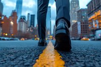 Business person walking on yellow road line at dusk in urban setting with blurred city lights and skyscrapers creating atmospheric downtown scene.