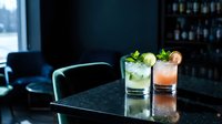 Two refreshing cocktails on dark bar counter in upscale lounge setting with mint garnish and citrus slice for hospitality and beverage service concepts.