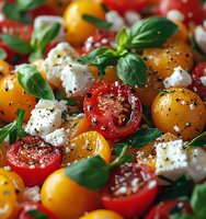 Fresh caprese salad with colorful cherry tomatoes, mozzarella cheese, basil leaves and black pepper seasoning, macro food photography for restaurant menu.