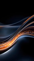 Abstract flowing curves with glowing orange light trail and sparkles on dark background, dynamic wavy lines create modern futuristic design element.