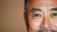 Close up portrait of mature Asian man with warm smile and kind eyes against neutral brown background, expressing genuine happiness and confidence.
