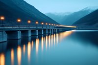 Long concrete bridge with illuminated street lamps stretches across calm mountain lake at dusk, creating symmetrical reflections in smooth water surface.