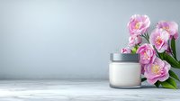 Pink fresh roses and orchids arrangement with white cosmetic jar on light gray background, elegant spa and beauty product presentation mockup.
