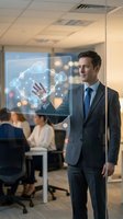 Professional businessman interacting with holographic cloud computing interface in modern office environment for digital transformation presentations.