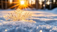 Delicate snowflake crystal formation on fresh snow surface illuminated by warm sunlight creating magical winter atmosphere with lens flare and bokeh effect in forest.