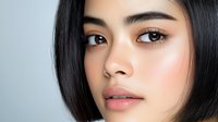 Young Asian woman with natural makeup, glowing skin, and black bob haircut looking directly at camera against light background. Professional beauty portrait.