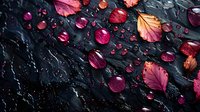 Vibrant autumn leaves and water drops on dark wet stone surface create dramatic contrast. Pink and burgundy foliage with morning dew captures seasonal mood.