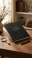 Dark leather hardcover book with gold title lettering on a wooden desk, surrounded by a magnifying glass, pen, and vintage decor in a cozy study.
