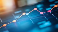 Ascending graph line with glowing orange and pink dots on dark blue background showing business growth and market analysis data visualization.