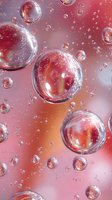 Transparent water bubbles floating against pink and orange gradient background, creating refraction effects for cosmetic product advertising.