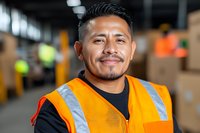 Hispanic warehouse worker in orange safety vest smiling at camera. Industrial storage facility background shows diverse workforce and safety compliance.