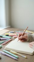 Hand holding pencil writing in notebook surrounded by colorful pastel markers and pens on wooden desk for creative journaling and artistic projects.