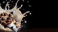 Chocolate chip cookies colliding with splashing milk drops on dark background, dynamic food photography with high-speed liquid motion capture.