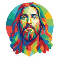 Colorful geometric portrait of bearded man with long hair in vibrant pop art style featuring rainbow colors and angular shapes for modern design projects.