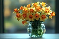 Fresh yellow and orange daffodils arranged in clear glass vase with water against blurred window background, spring flowers in natural daylight.