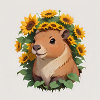 Adorable capybara surrounded by bright sunflowers and green leaves, smiling with gentle expression. Digital art style illustration for children's books and nature themes.