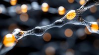 Delicate spider web strands with water droplets catching golden bokeh lights against dark background, creating magical nature macro photography effect.