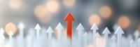Red arrow stands out among white arrows pointing upward against blurred bokeh background, representing leadership, success and competitive advantage.