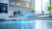 Glowing blue holographic light effect floating above kitchen counter with sparkles and particles in modern minimalist interior space.