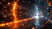 Abstract digital tunnel with glowing orange and blue light effects creating futuristic technology corridor for science fiction or data transfer concept.