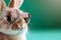 Adorable brown rabbit wearing retro sunglasses against green background, close-up portrait showing fluffy fur and pink nose, creating humorous and whimsical mood.
