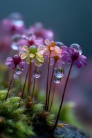 Delicate colorful wildflowers with water droplets on thin stems against dark blue background, showcasing nature's intricate beauty in macro photography.