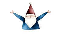 Cheerful gnome in blue coat and red holiday hat with white beard raising arms in joyful gesture, watercolor style on white background for seasonal designs.