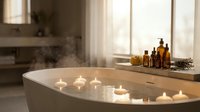 Luxurious spa bathroom with floating candles in bathtub, essential oil bottles and natural bath products creating serene wellness atmosphere for relaxation.