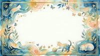 Watercolor frame with cute cats, flowers, and stars in soft blue and gold tones, forming a decorative border with white copy space center.