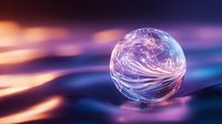 Glowing crystal sphere with luminous swirling patterns against blurred purple and orange background creates magical atmosphere for mystical designs.