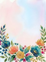 Watercolor floral border with colorful blooms, gold accents, and berries on a soft pastel background, perfect for cards and invitations.