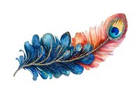 Vibrant watercolor peacock feather with blue, coral, and gold tones on white background, isolated for creative design projects.