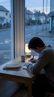Young man writing in notebook at wooden desk by window during evening twilight with warm lamp light creating cozy study atmosphere for productivity and focus.