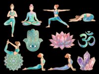 Yoga and meditation poses with lotus flower, hamsa hand, om symbol, and amethyst crystals isolated on transparent background. Ready for t-shirt design, stickers, sublimation, print-on-demand products and wellness clipart.