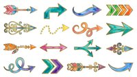 Directional arrows with watercolor, ornamental, and geometric patterns in multiple colors including teal, orange, pink, and gold on white background, isolated and ready for design use.