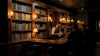 Elegant library bar with wooden shelves, warm lighting and bartender serving drinks in sophisticated literary atmosphere for upscale hospitality venues.