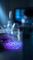 Laboratory scientist in purple gloves using pipette to analyze sample in petri dish with blue bokeh background for medical research and biotechnology.