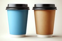 Blue and brown disposable coffee cups with black lids on light background, mockup for cafe and restaurant branding design elements.