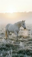 White horse standing in frost-covered meadow at dawn, surrounded by misty atmosphere and frozen grass, suitable for equestrian, nature and wellness projects.
