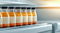 Glass bottles with orange and white beverages lined up in refrigerator shelf. Fresh drinks in vintage style containers with blank labels for branding and packaging design.